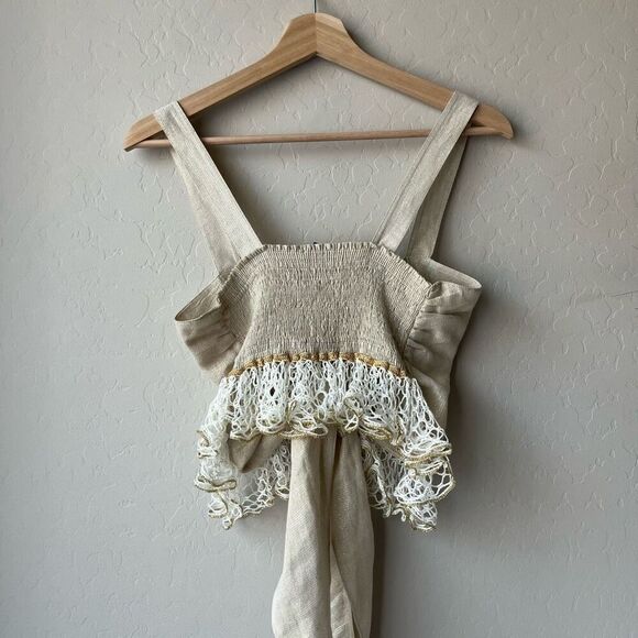 My Beachy Side‎ Top Crop Lace Tie Front Tan Crochet Tank Top OS - Picture 5 of 6